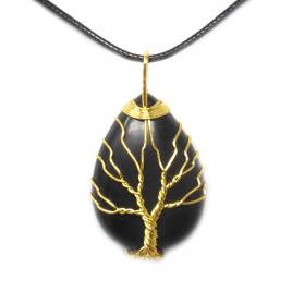 Pandantiv din piatra semipretioasa Onix model copacul vietii aurou/negru 4 cm