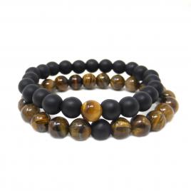 Set 2 bratari Tiger Eye si Agat negru pietre semipretioase negru/maro 17 cm