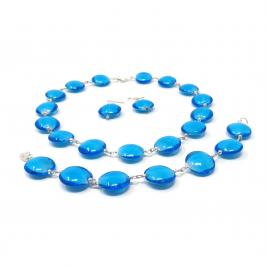 Set bijuterii din sticla Murano colier + bratara + cercei albastru 40 cm