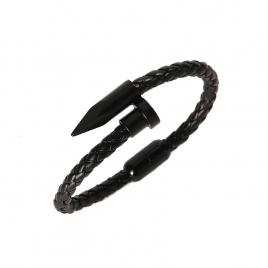 Bratara Barbateasca din otel inoxidabil si piele ecologica model New Jersey Black Negru 21 cm