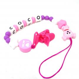 Lant pentru suzeta personalizabil din silicon cu clips model catelus roz culoare roz/mov 25 cm