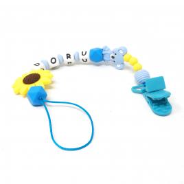 Lant pentru suzeta personalizabil din silicon cu clips model floarea soarelui culoare galben/albastru 25 cm