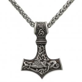 Pandantiv barbatesc stil viking ciocanul lui Thor culoare argintiu 58 cm