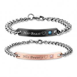 Set 2 bratari cuplu model His Beauty / Her Beast cu cristale negru / aur roz 23 cm