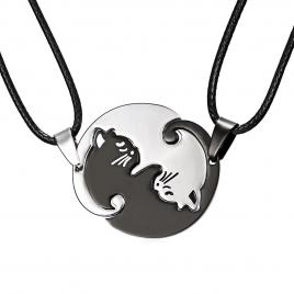 Set Pandante din inox model Yin si Yang - pisica culoare argintiu/negru 48cm