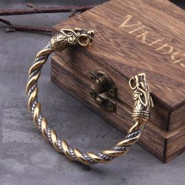 Bratara barbateasca din inox model lup - viking impletita auriu/argintiu 19cm ambalata in cutie de lemn