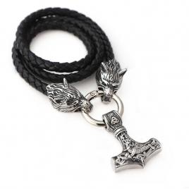 Pandantiv din inox model lup si ciocan de viking argintiu/negru 56cm