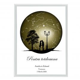 Tablou personalizat cu harta stelelor model cuplu rama alb 20 x 30 cm