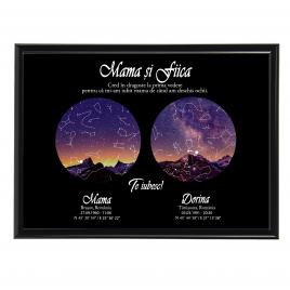 Tablou personalizat cu harta stelelor model mama si fiica rama negru 20 x 30 cm