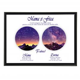 Tablou personalizat cu harta stelelor model mama si fiica colorat rama negru 20 x 30 cm