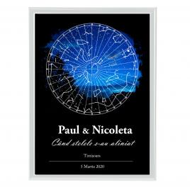 Tablou personalizat cu harta stelelor model pictat rama alb 20 x 30 cm
