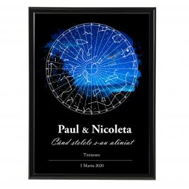 Tablou personalizat cu harta stelelor model pictat rama negru 20 x 30 cm
