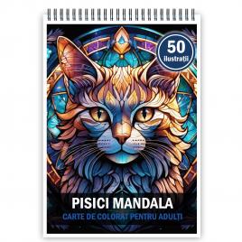 Carte de colorat antistres format A3 50 de ilustratii Pisici Mandala 106 pagini