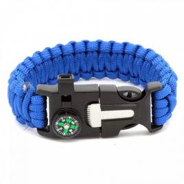Bratara de supravietuire in aer liber, tip army, 5 in 1, paracord, busola , fluier, cutit, cremene, albastra, 26 cm