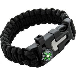 Bratara de supravietuire in aer liber, tip army, 5 in 1, paracord, busola , fluier, cutit, cremene, negru, 26 cm