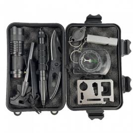 Kit supravietuire 11 in 1, busola, fluier, lanterna, cutit, pix, fierastrau, cutie negru