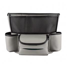 Organizator auto, multifunctional, 6 compartimente depozitare, compatibil cu orice masina, compartiment poseta, montare intre scaune, din piele, gri, 36x25 cm