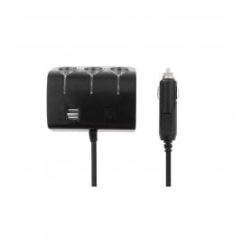 Priza bricheta auto cu 3 Iesiri + 2 USB-uri, LED albastru, Negru, tcb21