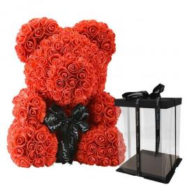 Ursulet din Trandafiri Rose Bear Decorat Manual, inaltime 25cm - Rosu