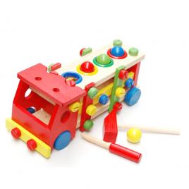 Camion din lemn cu ciocan si surubelnita pentru copii, Jucarie Montessorii