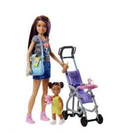 Papusa Barbie Mattel bona, cu fetita la plimbare in carucior, 3 ani +