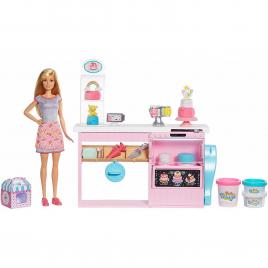 Set Papusa barbie la cofetarie cu accesorii pentru prajituri, papusa cofetar pentru fete, ATS,10 piese