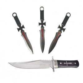 Cutit de vanatoare tang hunter si 3 cutite de aruncat, ideallstore® , 28 cm ,otel inoxidabil