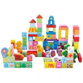 Cuburi de lemn educationale ecotoys 100 de piese ferma