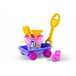 Carucior unicorn cu unelte pentru apa si nisip si galetusa incluse