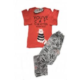Pijama dama maneca lung pantalon lung cu imprimeu pisicuta culoare rosu marime XL