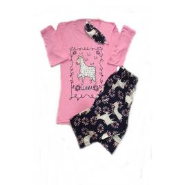Pijama dama maneca lunga pantalo lung cu imprimeu Lama ,culoare roz inchis,marime L