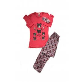 Pijama dama maneca lunga pantalon lung cu 3 ursuleti culoare rosu marime M