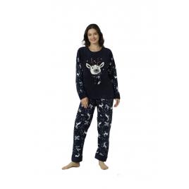 Pijama dama cocolino, pufoasa si calduroasa, imprimeu ren Craciun, bleumarin L