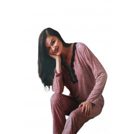 Pijama dama din Bambus, maneca lunga pantaloni lungi, Roz 2XL, imprimeu flori