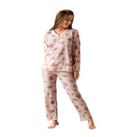 Pijama dama din Bambus, maneca lunga pantaloni lungi, Roz 2XL