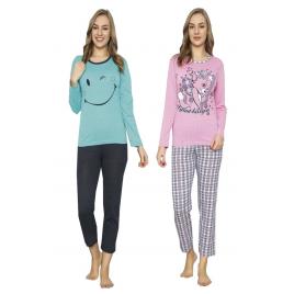 Set 2 pijamale dama maneca lunga pantaloni lungi,turcoaz/roz inchis,L