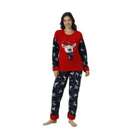 Pijama dama cocolino, pufoasa si calduroasa, imprimeu ren Craciun, Rosu M