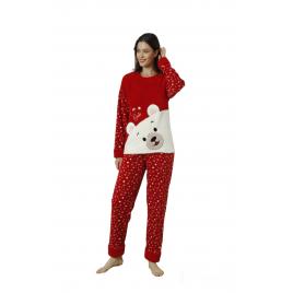 Pijama dama cocolino polar, pufoasa, Rosu M, imprimeu urs