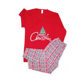 Pijama dama maneca lunga pantaloni lungi, imprimeu Mos Craciun, culoare Rosu, 2XL