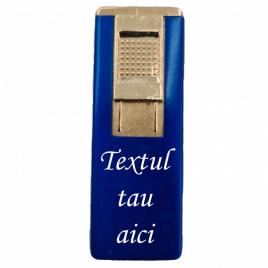 Bricheta metalica gravata, personalizata cu textul tau, cu gaz, antivant, reincarcabila, albastra, cutie