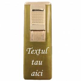 Bricheta metalica gravata, personalizata cu textul tau, cu gaz, antivant, reincarcabila, aurie, cutie