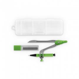 Set de geometrie în cutie, include 1 compas, 1 creion mecanic și 10 mine grafit de 0,5 mm. 128 x 42 x 20 mm, verde