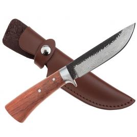 Cutit de vanatoare ideallstore®, adventure accuracy, otel damasc, 25 cm, maner lemn, maro, husa piele