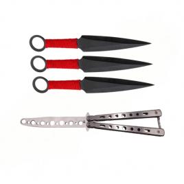 Set briceag fluture de antrenament si trei cutite de aruncat, ninja way, ideallstore®, otel inoxidabil