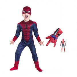 Set costum spiderman cu muschi si manusa cu ventuze si figurina, ideallstore®, marime s, 3 - 5 ani, rosu