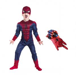 Set costum spiderman cu muschi si manusa lansator cu 7 ventuze din burete , ideallstore®, marime s, 3 - 5 ani, rosu