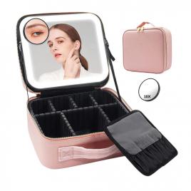 Geanta Cosmetica Pentru Make-up, Oglinda cu Iluminare LED Touchscreen, 26x23x11 cm, Cu O Oglinjoara Zoom 10X pentru a Observa si cel mai mic Detaliu de pe Ten Portabila Pentru Calatorii cu Bareta de Umar Detasabila, Material Impermeabil, Roz