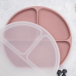 Farfurie compartimentata din silicon cu ventuza si capac appekids old rose