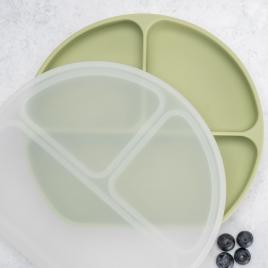 Farfurie compartimentata din silicon cu ventuza si capac appekids raw green