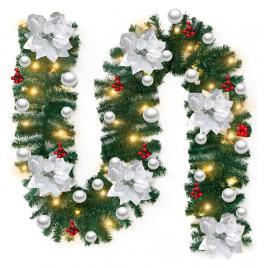 Ghirlanda de Craciun din pin artificial, cu LED, elemente decorative argintii, 2.7 m, Vivo CWG9F